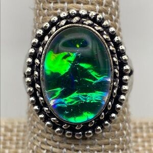 New Dichroic Acrylic Blue Green Silver Overlay Ring Size 6.5